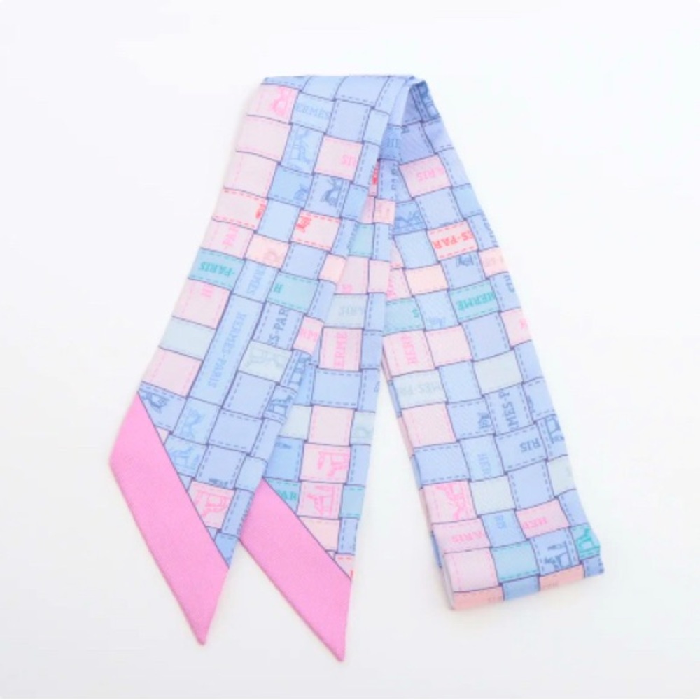 Hermès Bolduc au Carre Silk Pink and Blue Twilly Scarf